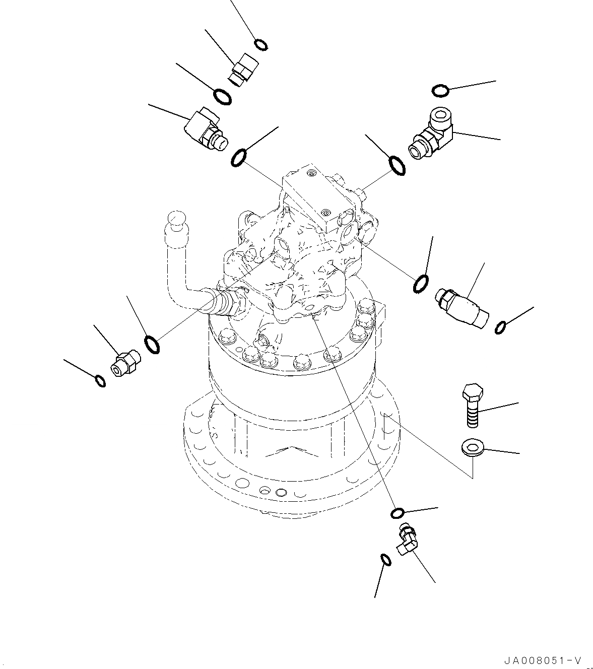 Схема запчастей Komatsu PC130-8M0 - МЕХАНИЗМ ПОВОРОТА И МОТОР (ПАТРУБОК) N [ПОВОРОТН. КРУГ И ITS КОМПОНЕНТЫ]