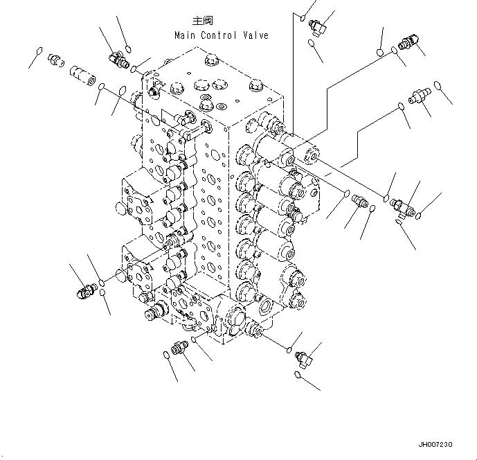 Схема запчастей Komatsu PC200-8M0 - ОСНОВН. УПРАВЛЯЮЩ. КЛАПАН (-ДОПОЛН. АКТУАТОР ТРУБЫ, АККУМУЛЯТОР) (СОЕДИНИТЕЛЬН. ЧАСТИ) (/) H [ГИДРАВЛИКА]