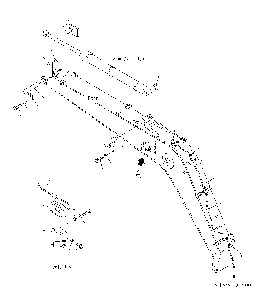 Схема запчастей Komatsu PC130F-7 - СТРЕЛА (РАБОЧ. ОСВЕЩЕНИЕ И ПАЛЕЦ)(СИСТЕМА СМАЗКИ 100 ЧАС.) T