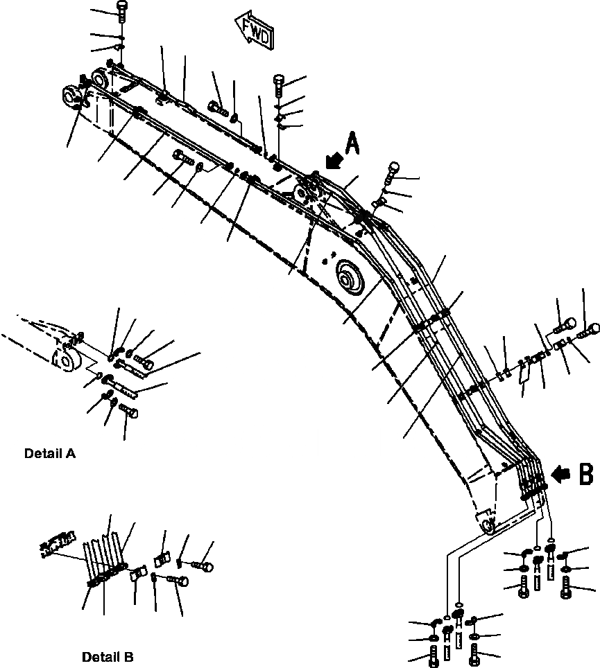 Схема запчастей Komatsu PC200LC-8 - T-A СТРЕЛА РУКОЯТЬ И ЦИЛИНДР КОВШАS РАБОЧЕЕ ОБОРУДОВАНИЕ