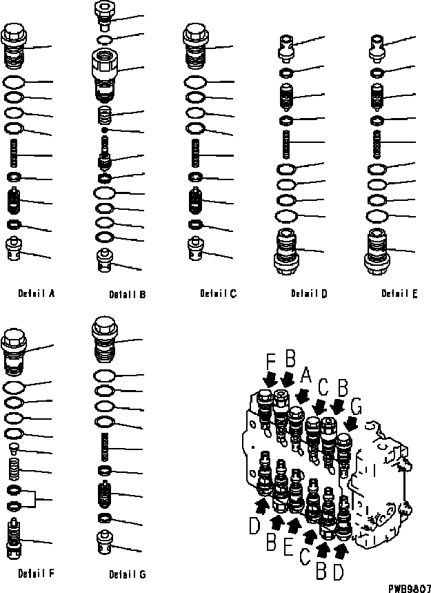 Схема запчастей Komatsu PC200-6B - ОСНОВН. КЛАПАН (-АКТУАТОР) (/) ОСНОВН. КОМПОНЕНТЫ И РЕМКОМПЛЕКТЫ