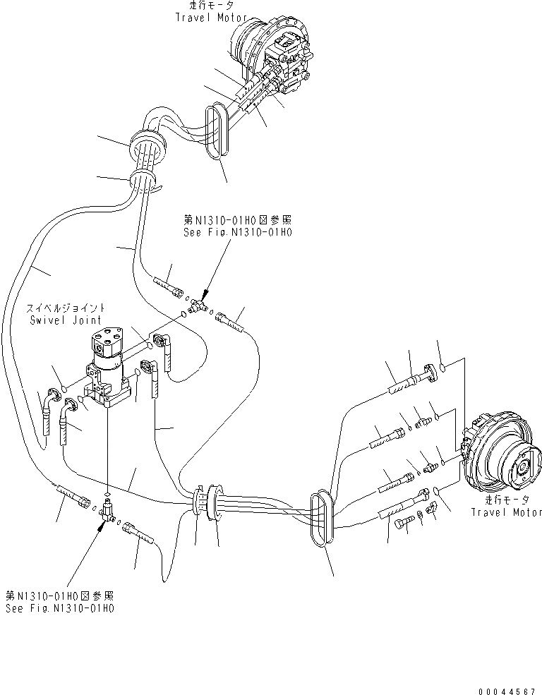 Схема запчастей Komatsu PC308USLC-3E0-W1 - ХОД ТРУБЫ НИЖНЯЯ ГИДРОЛИНИЯ И ЛИНИЯ ХОДА
