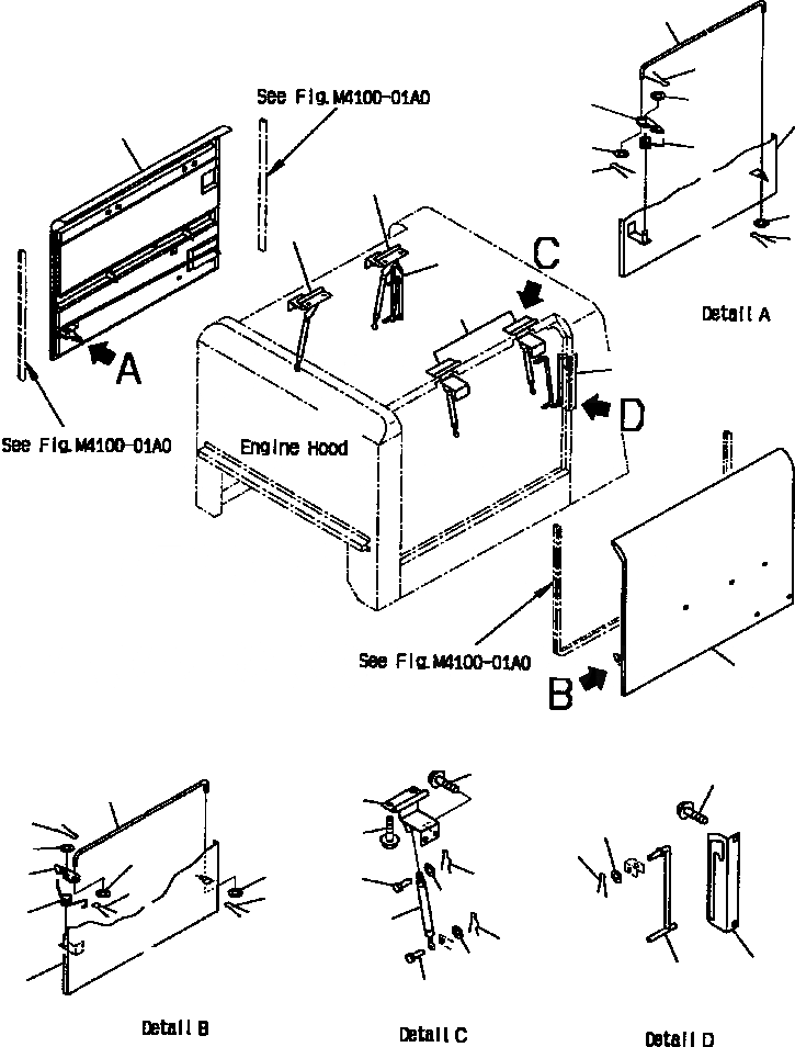 Схема запчастей Komatsu WA250PT-3L - FIG NO. M-A ДВЕРЦЫ КАПОТА (ДЛЯ ЗАДН. ПОЛН. КРЫЛО) ЧАСТИ КОРПУСА