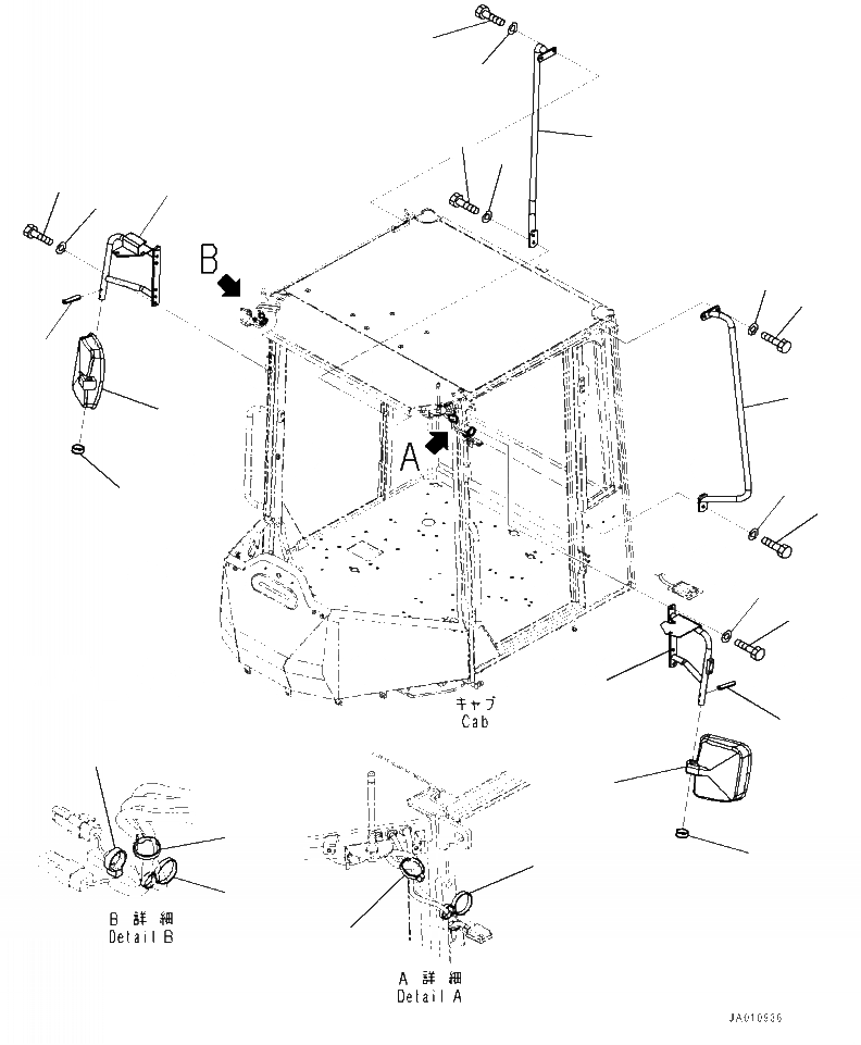Схема запчастей Komatsu WA320-7 - M- КАБИНА ROPS НАРУЖН. ЗАДН. VIEW MIRRORS И HANDRAILS ЧАСТИ КОРПУСА