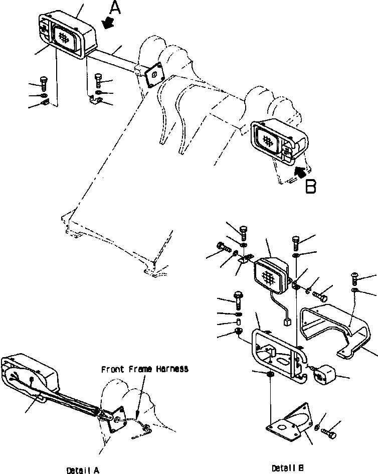 Схема запчастей Komatsu WA380-3MC - FIG. E-A КРЕПЛЕНИЕ ФАР - ПЕРЕДНЯЯ ФАРА И КРЕПЛЕНИЕ ЭЛЕКТРИКА