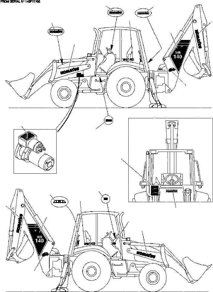 Схема запчастей Komatsu WB140-2N - FIG. U98-A НАКЛЕЙКИ - ЛОГОТИП И ТАБЛИЧКИ МАРКИРОВКА