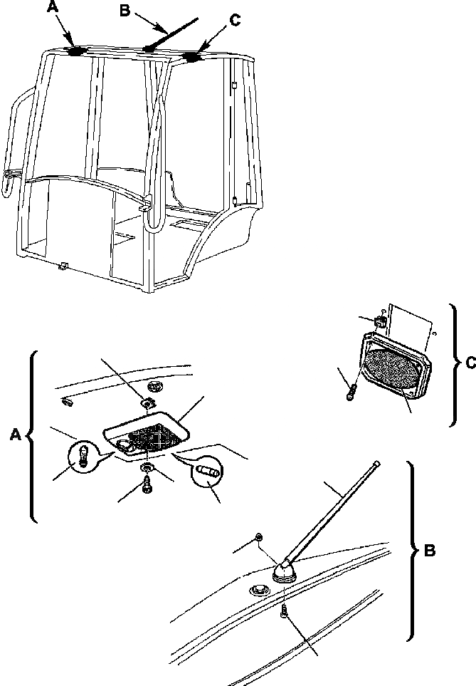 Схема запчастей Komatsu WB150PS-2N - FIG. K-A КАБИНА - КРЫША ОСВЕЩЕНИЕ, АНТЕННА, ГРОМКОГОВОРИТ.S КАБИНА ОПЕРАТОРА И СИСТЕМА УПРАВЛЕНИЯ