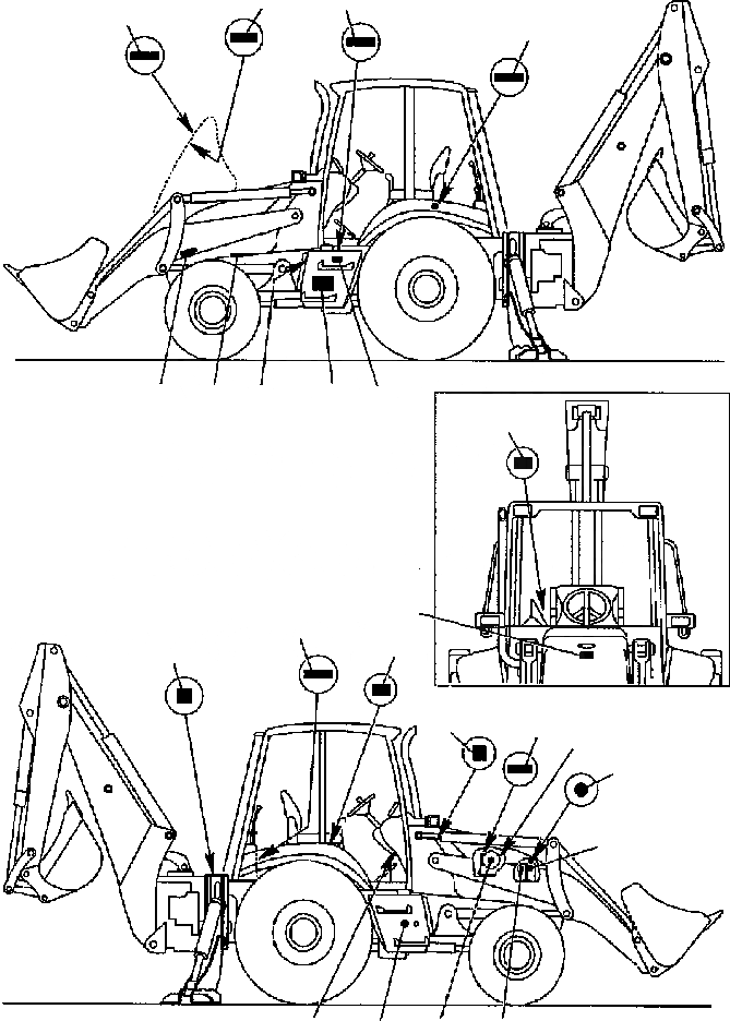 Схема запчастей Komatsu WB150PS-2N - FIG. U98-A НАКЛЕЙКИ - LOCATION ТАБЛИЧКИ МАРКИРОВКА