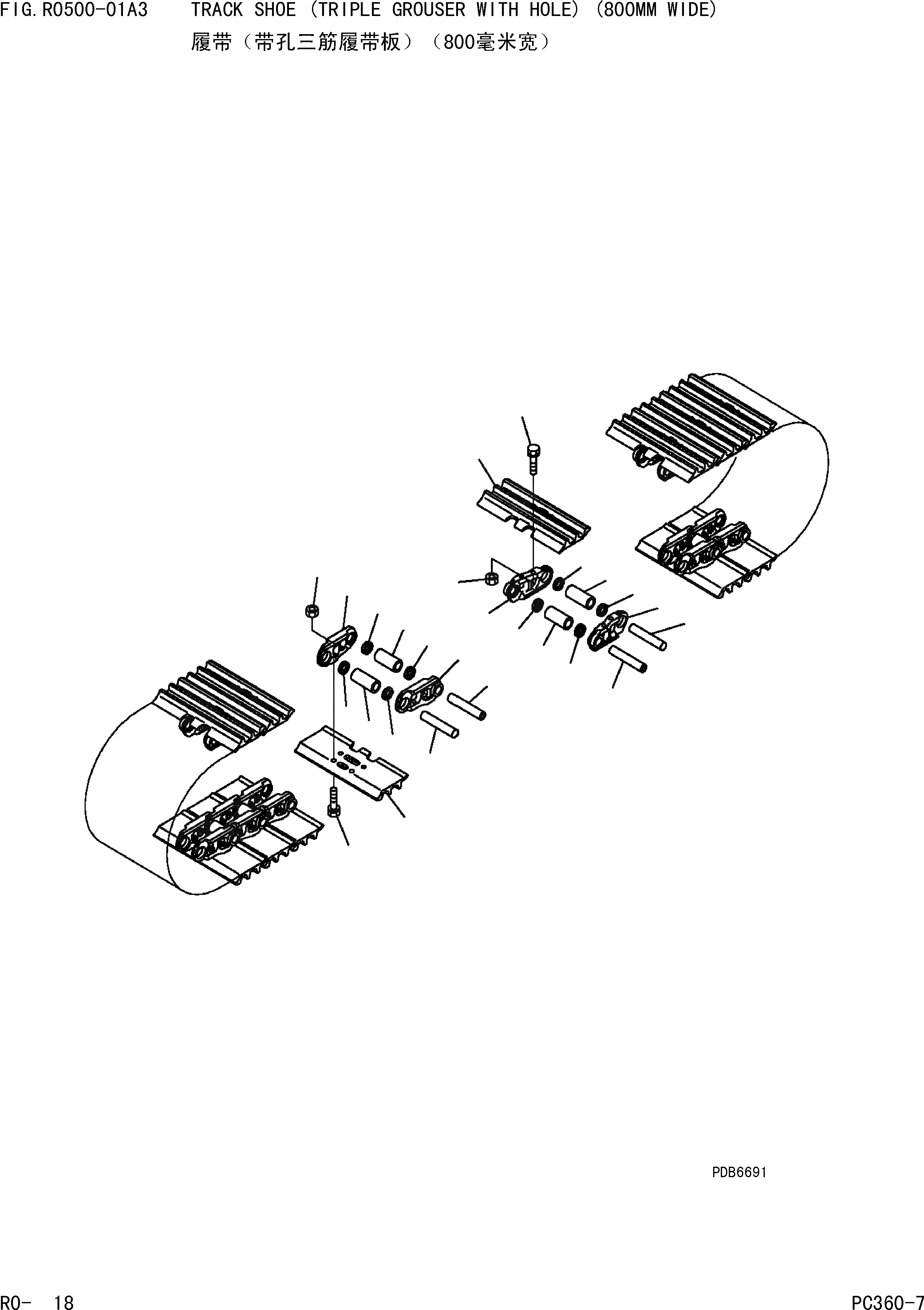 Схема запчастей Komatsu PC360-7 - ГУСЕНИЦЫ (ТРОЙНОЙ ГРУНТОЗАЦЕП. С ОТВЕРСТИЯМИ)(8MM ШИР.)(WSTD) ХОДОВАЯ]
