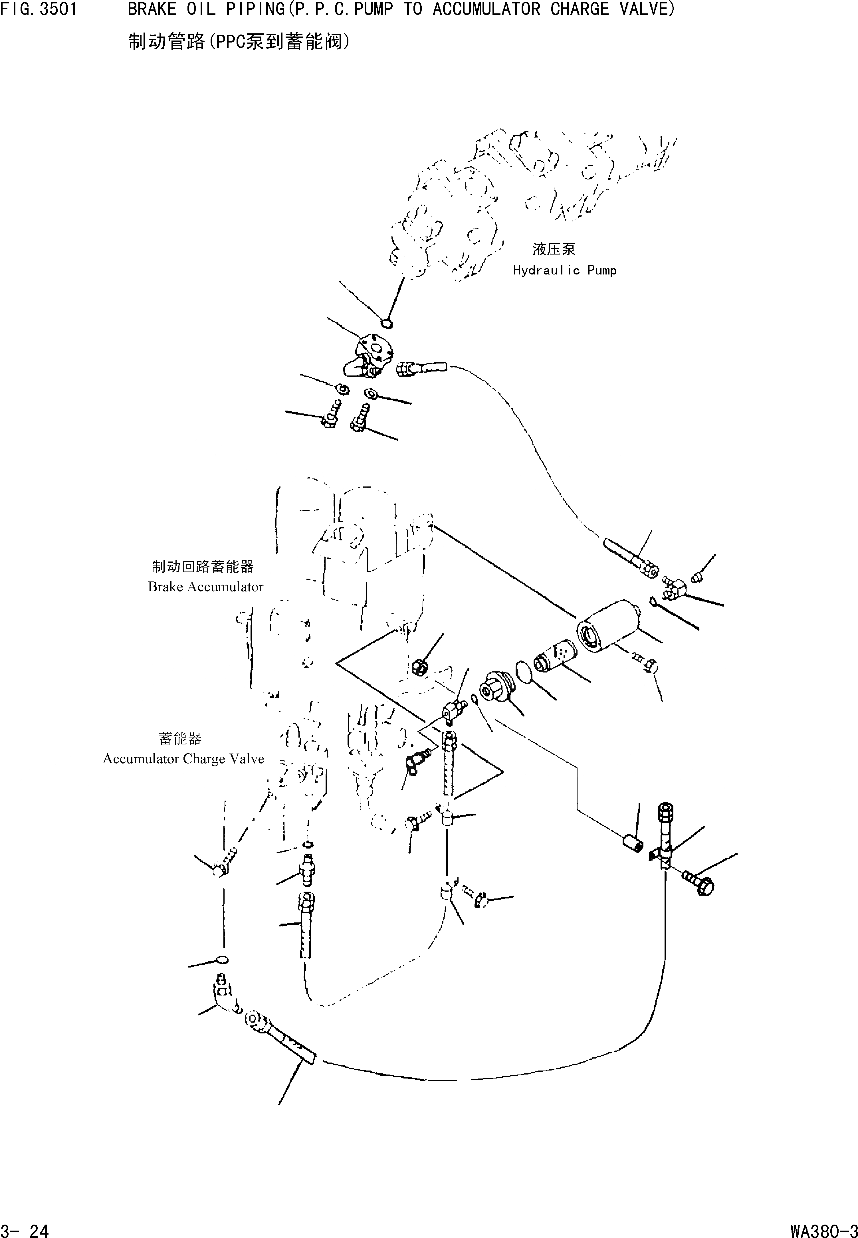Схема запчастей Komatsu WA380-3 - ТОРМОЗ. МАСЛОПРОВОДЯЩАЯ ЛИНИЯ(P.P.C.НАСОС - КЛАПАН АККУМУЛЯТОРА) [ВЕДУЩ. ВАЛ ДИФФЕРЕНЦ. И КОЛЕСА]