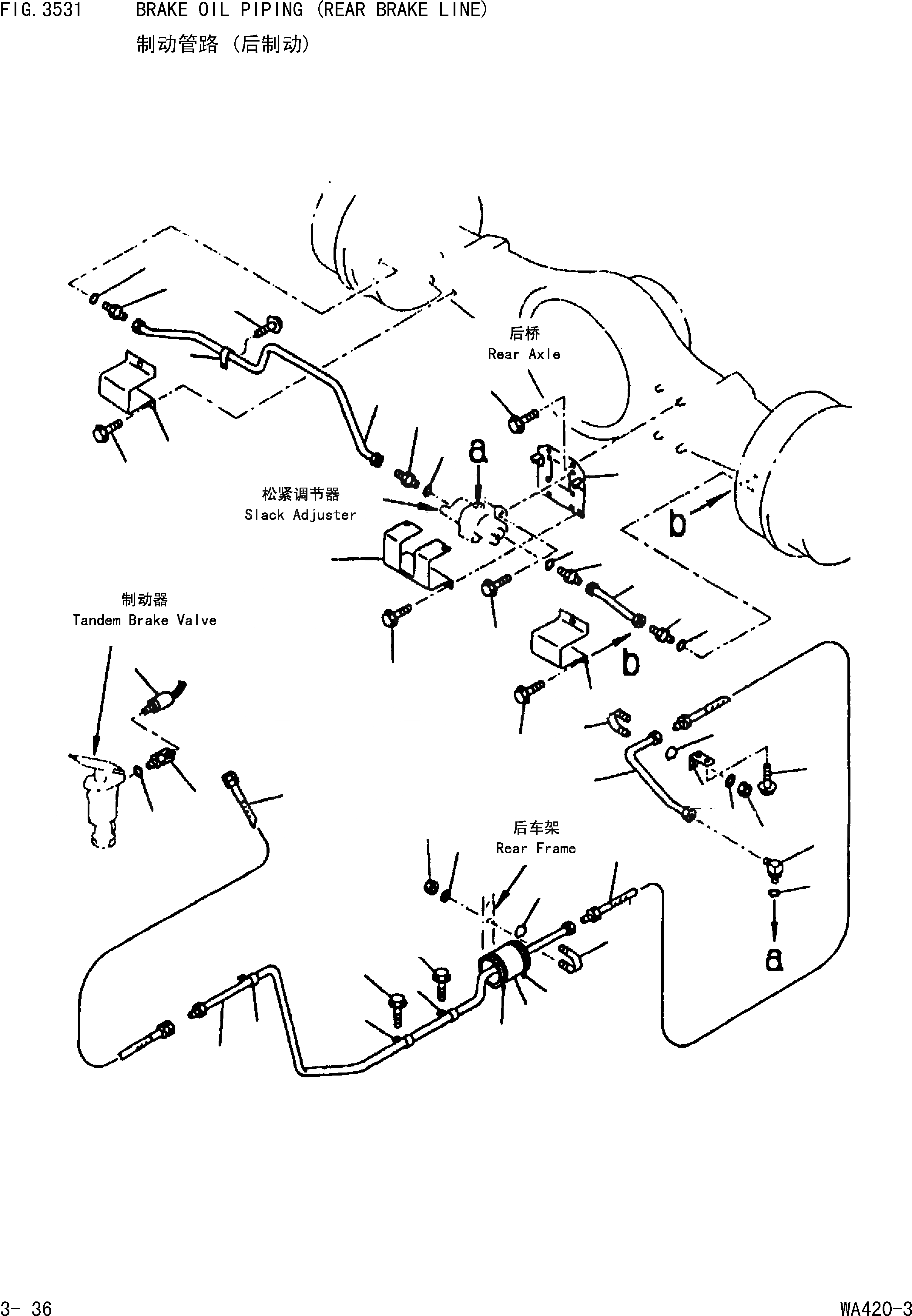 Схема запчастей Komatsu WA420-3 - ТОРМОЗ. МАСЛОПРОВОДЯЩАЯ ЛИНИЯ (ЗАДН. ТОРМОЗН. ГИДРОЛИНИЯ) [ДИФФЕРЕНЦИАЛ ВЕДУЩЕГО ВАЛА И ТОРМОЗА]