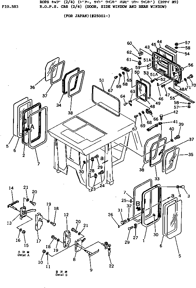 Схема запчастей Komatsu D155A-1 - КАБИНА ROPS (/) (ДВЕРЬ БОКОВОЕ И ЗАДНЕЕ СТЕКЛА)      (ДЛЯ ЯПОН.)(№-) ЧАСТИ КОРПУСА