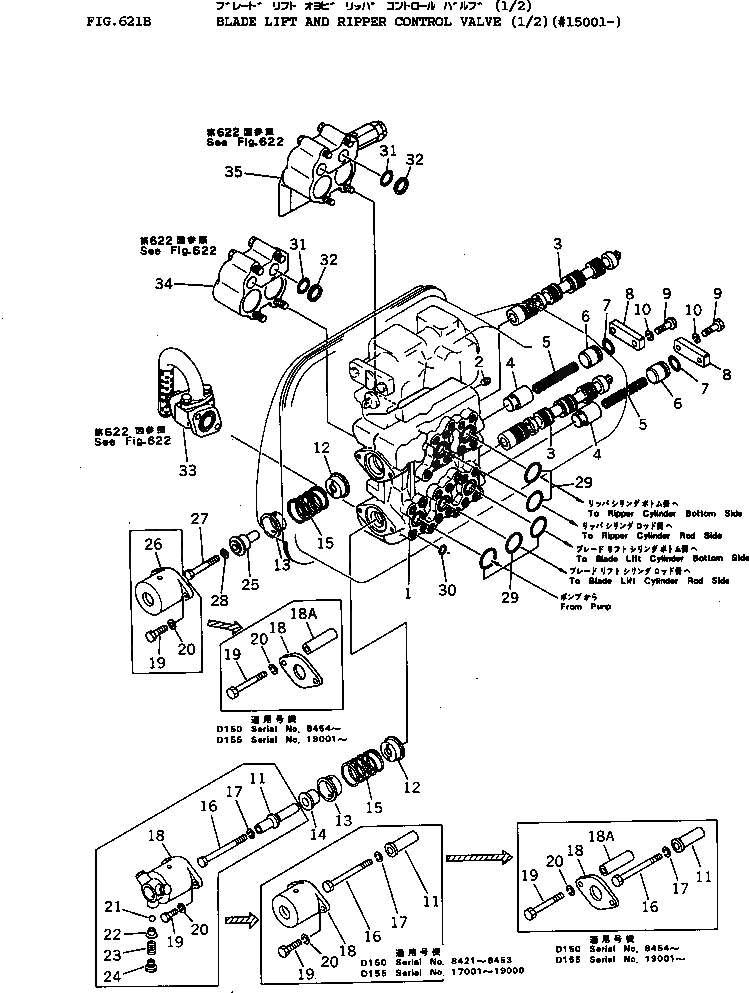 Схема запчастей Komatsu D155A-1 - КЛАПАН ПОДЪЕМА ОТВАЛА И РЫХЛИТЕЛЯ (/)(№-) УПРАВЛ-Е РАБОЧИМ ОБОРУДОВАНИЕМ