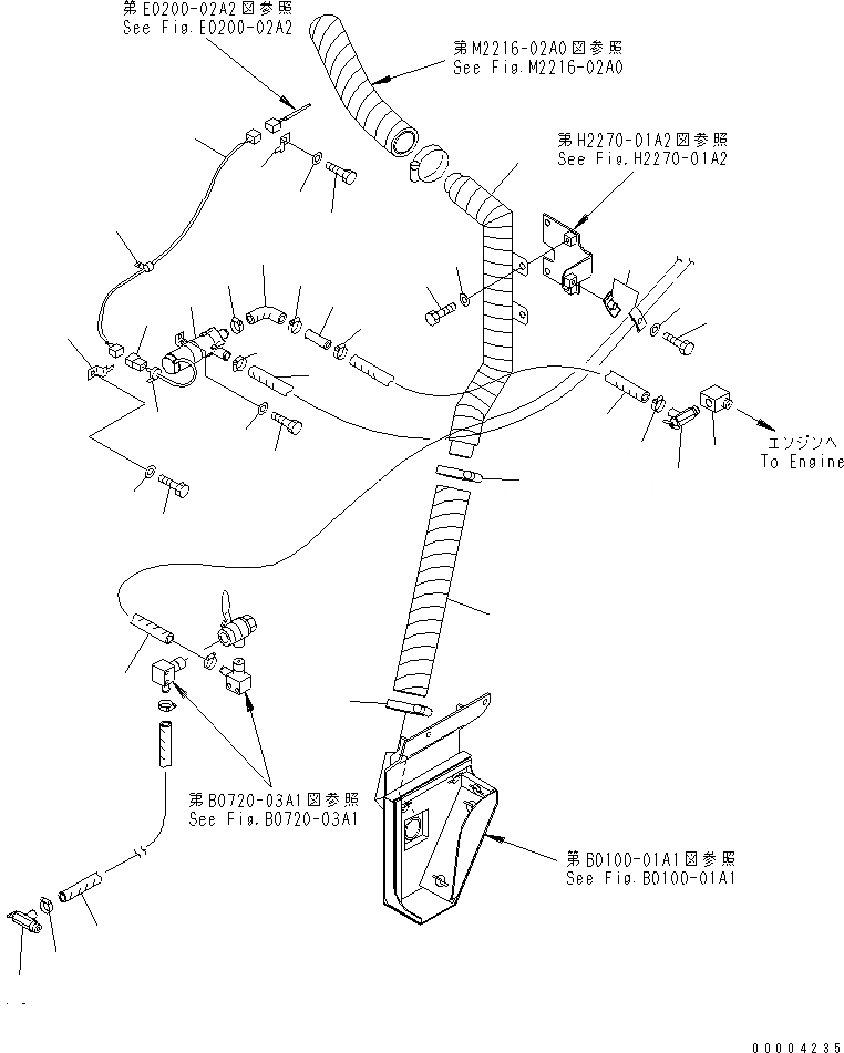Схема запчастей Komatsu D155A-5 - ВОЗДУХОВОДЫ И ВОДН. ГИДРОЛИНИЯ (ДОПОЛН. ОБОГРЕВАТ)(№9-) ЧАСТИ КОРПУСА