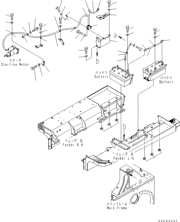 Схема запчастей Komatsu D155A-6 - КРЫЛО (ПРОВОДКА СТАРТЕРА) (БОЛЬШ. АККУМУЛЯТОР) (C WET)(№8-) ЧАСТИ КОРПУСА