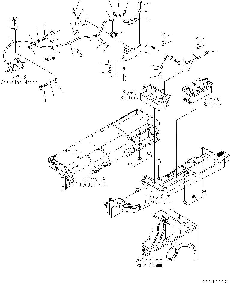 Схема запчастей Komatsu D155AX-6A - КРЫЛО (ПРОВОДКА СТАРТЕРА) (ВЫСОК. ЕМК. АККУМУЛЯТОР)(№8-) ЧАСТИ КОРПУСА