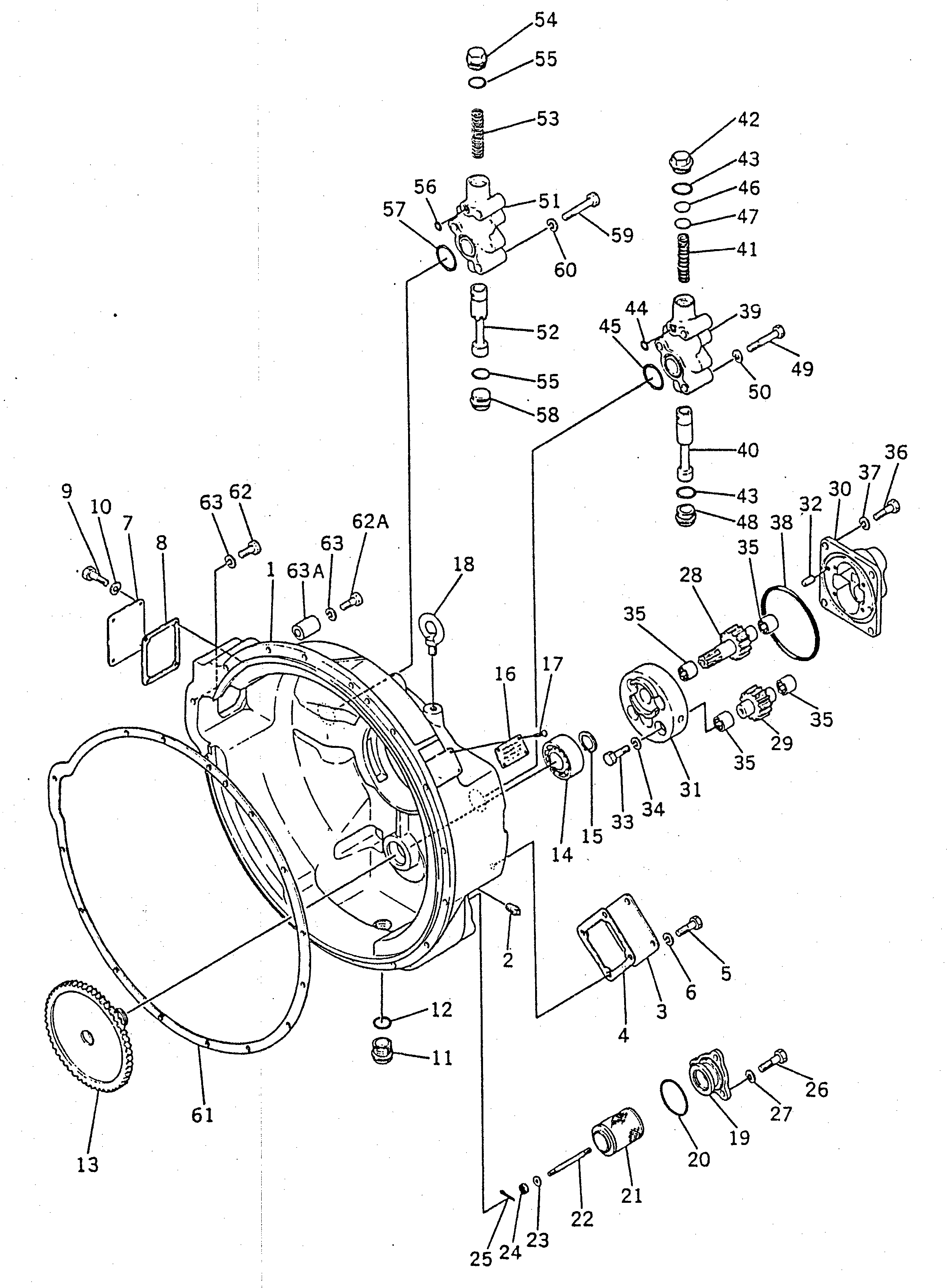 Схема запчастей Komatsu D155S-1 - КОРПУС ГИДРОТРАНСФОРМАТОРА И РЕГУЛИР. КЛАПАН ГИДРОТРАНСФОРМАТОР И ТРАНСМИССИЯ