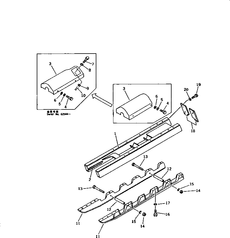 Схема запчастей Komatsu D21A-6 - ГУСЕНИЧНАЯ РАМА (С MONO БЛОК ТИП ЗАЩИТА ОПОРНЫХ КАТКОВ)      (ДЛЯ ПОВОРОТН. ОТВАЛА С ИЗМ. УГЛОМ DOZER) ГУСЕНИЦЫ