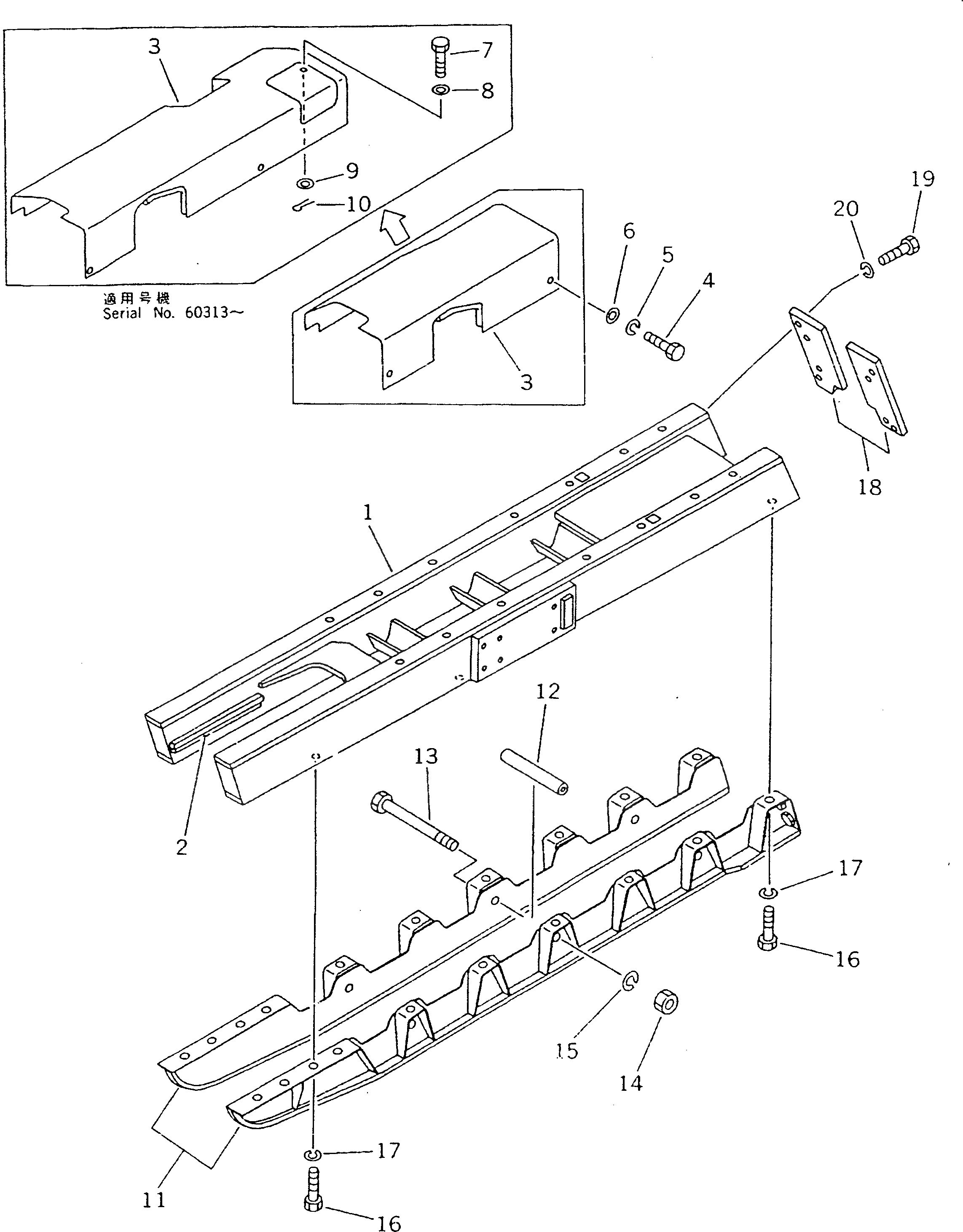 Схема запчастей Komatsu D21PL-7 - ГУСЕНИЧНАЯ РАМА (С MONO БЛОК ТИП ЗАЩИТА ОПОРНЫХ КАТКОВ) ГУСЕНИЦЫ