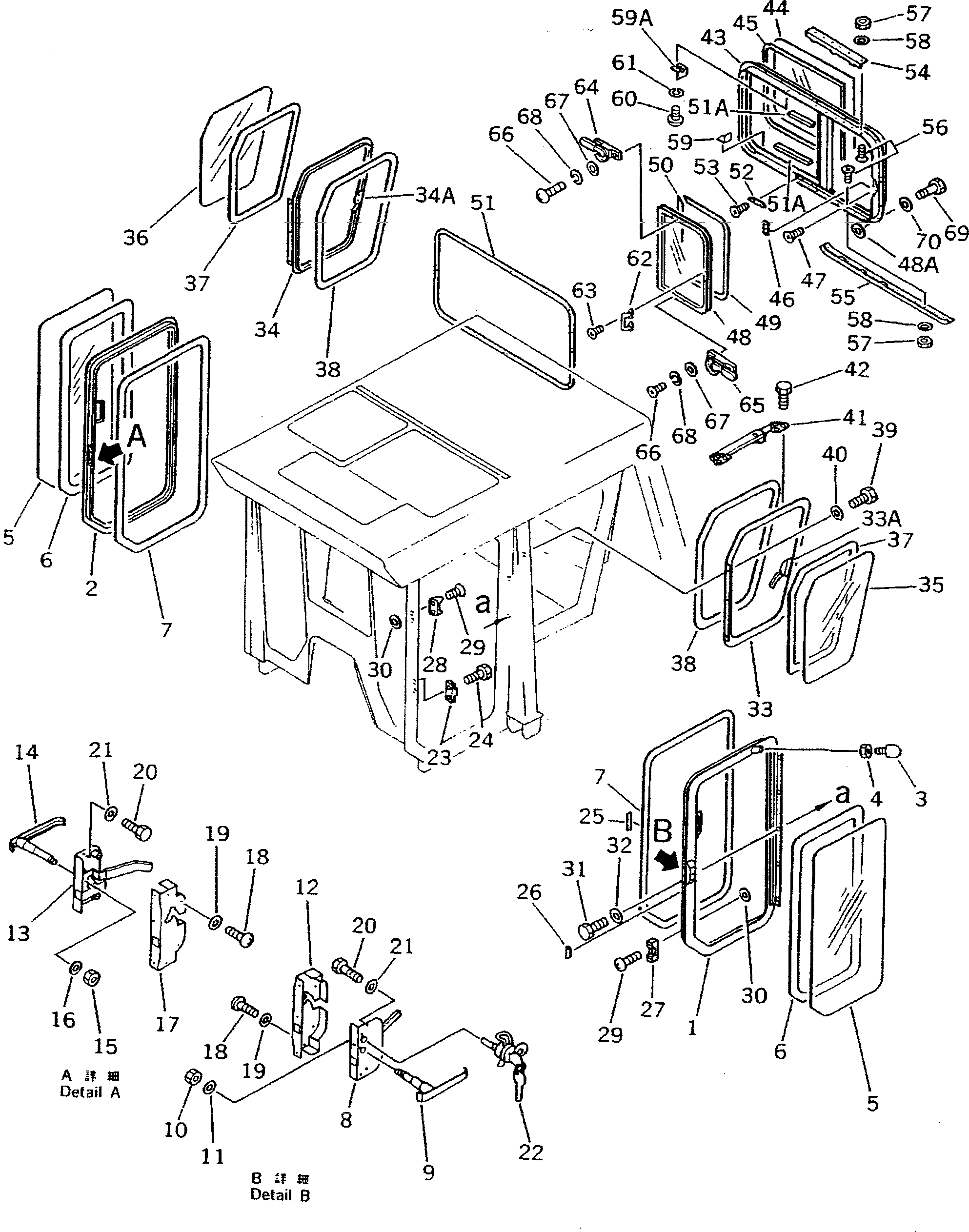 Схема запчастей Komatsu D355A-3 - КАБИНА ROPS (/) (ДВЕРЬ БОКОВОЕ И ЗАДНЕЕ СТЕКЛА)(№9-) ЧАСТИ КОРПУСА