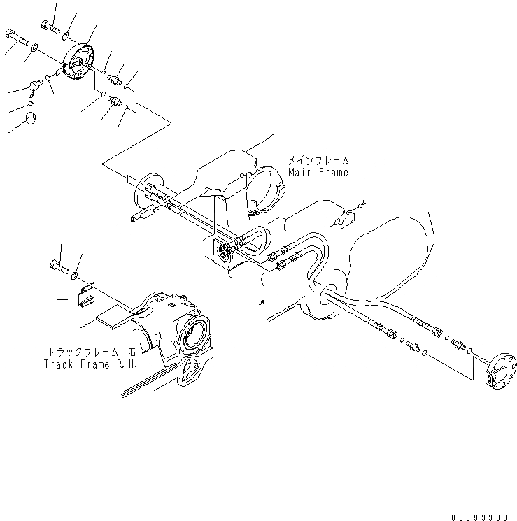 Схема запчастей Komatsu D375A-5 - ГУСЕНИЧНАЯ РАМА (ПРАВ.) (ПАТРУБОК И COVER) (ДЛЯ ОТВАЛА С ДВОЙН. ПЕРЕКОСОМ) (8 РОЛИК)(№-) ХОДОВАЯ