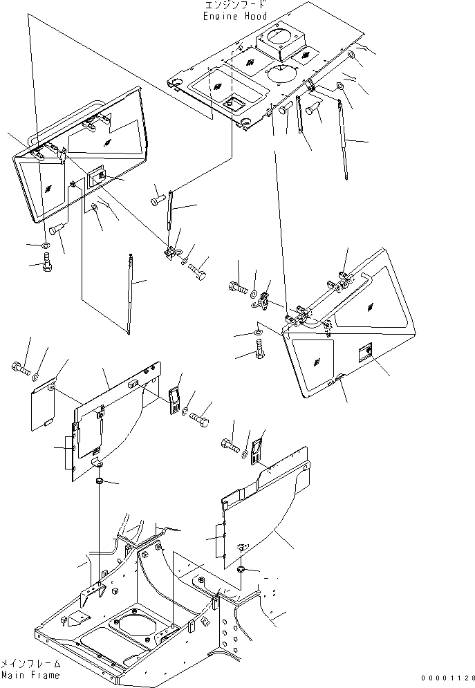 Схема запчастей Komatsu D41E-BB-6C - ФРОНТАЛЬНАЯ ЗАЩИТА (БОКОВ. КРЫШКА ДВИГ.¤ ВЕРХН.) (С ПРЕФИЛЬТР)    (БЕЗ КАБИНЫ) ЧАСТИ КОРПУСА