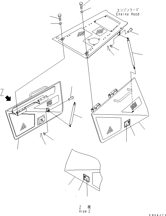 Схема запчастей Komatsu D41PF-6K - ФРОНТАЛЬНАЯ ЗАЩИТА (БОКОВ. КРЫШКА ДВИГ.¤ ВЕРХН.)(№9-) ЧАСТИ КОРПУСА