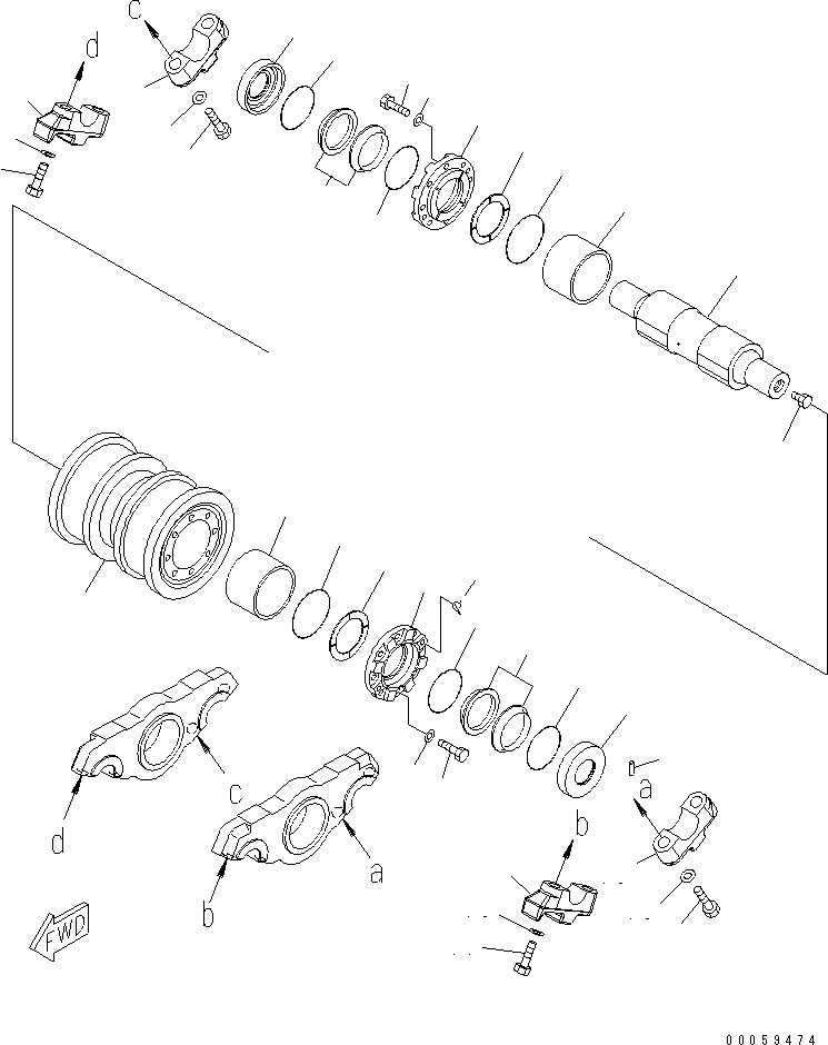 Схема запчастей Komatsu D475A-5E0 - ГУСЕНИЧНАЯ РАМА (ОПОРНЫЙ КАТОК) (ДВОЙН.) (4) (ЛЕВ.) (/) (ПОЛН. ЗАЩИТА КАТКОВ)(№-) ХОДОВАЯ