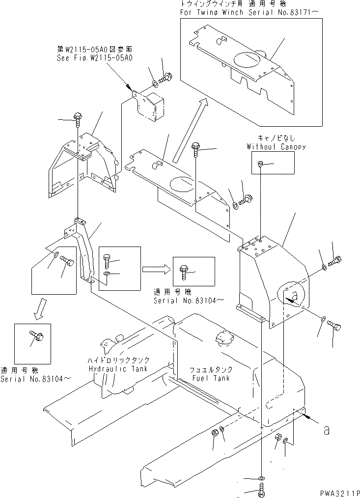 Схема запчастей Komatsu D50A-18 - НАВЕС И ВЕРХН. ЗАЩИТА КОРПУС (ДЛЯ ОБСЛУЖ.) (ДЛЯ ПОВОРОТН. ОТВАЛА С ИЗМ. УГЛОМ DOZER) ЧАСТИ КОРПУСА