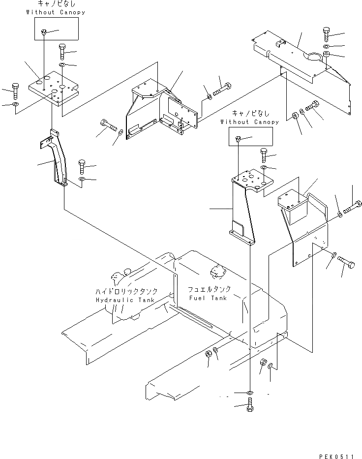Схема запчастей Komatsu D53P-18A - НАВЕС И ВЕРХН. ЗАЩИТА КОРПУС(№88-) ЧАСТИ КОРПУСА