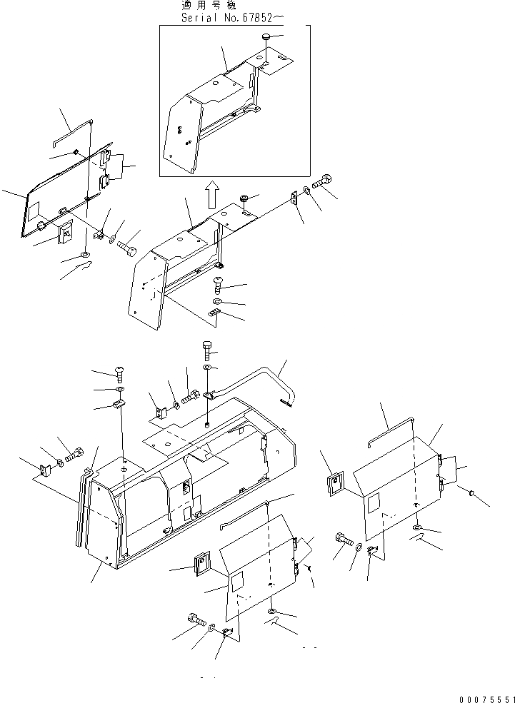 Схема запчастей Komatsu D65PX-15 - КРЫШКА КРЫЛА (ФИЛЬТР. И КРЫШКА АККУМУЛЯТОРА) (С ПОРУЧНЯМИ)(№77-) ЧАСТИ КОРПУСА
