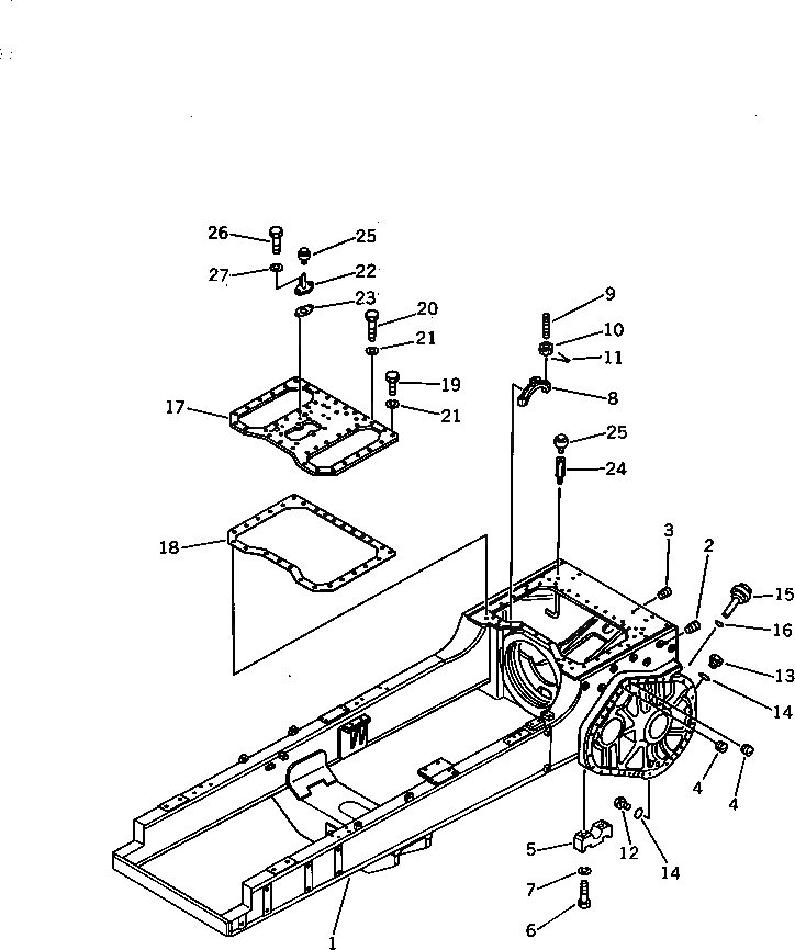 Схема запчастей Komatsu D75A-1 - КОРПУС БЛОКА УПРАВЛЕНИЯ ПОВОРОТОМ И ОСНОВНАЯ РАМА ГИДРОТРАНСФОРМАТОР И TRNSMISSION