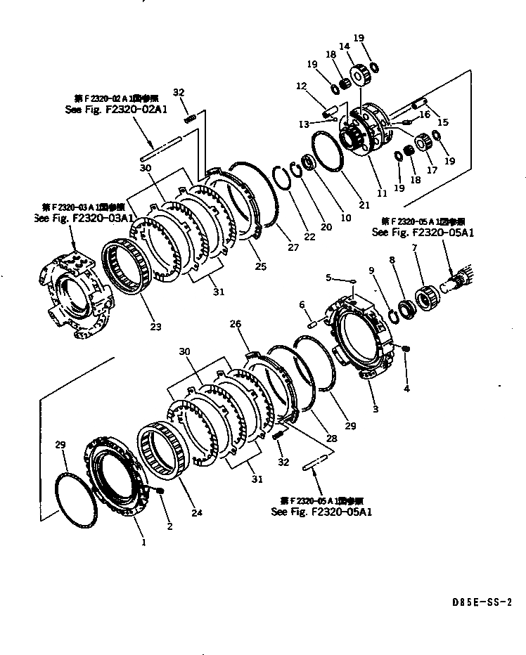 Схема запчастей Komatsu D85E-SS-2A - ТРАНСМИССИЯ (3 МУФТА И 2 МУФТА)(№-) СИЛОВАЯ ПЕРЕДАЧА И КОНЕЧНАЯ ПЕРЕДАЧА
