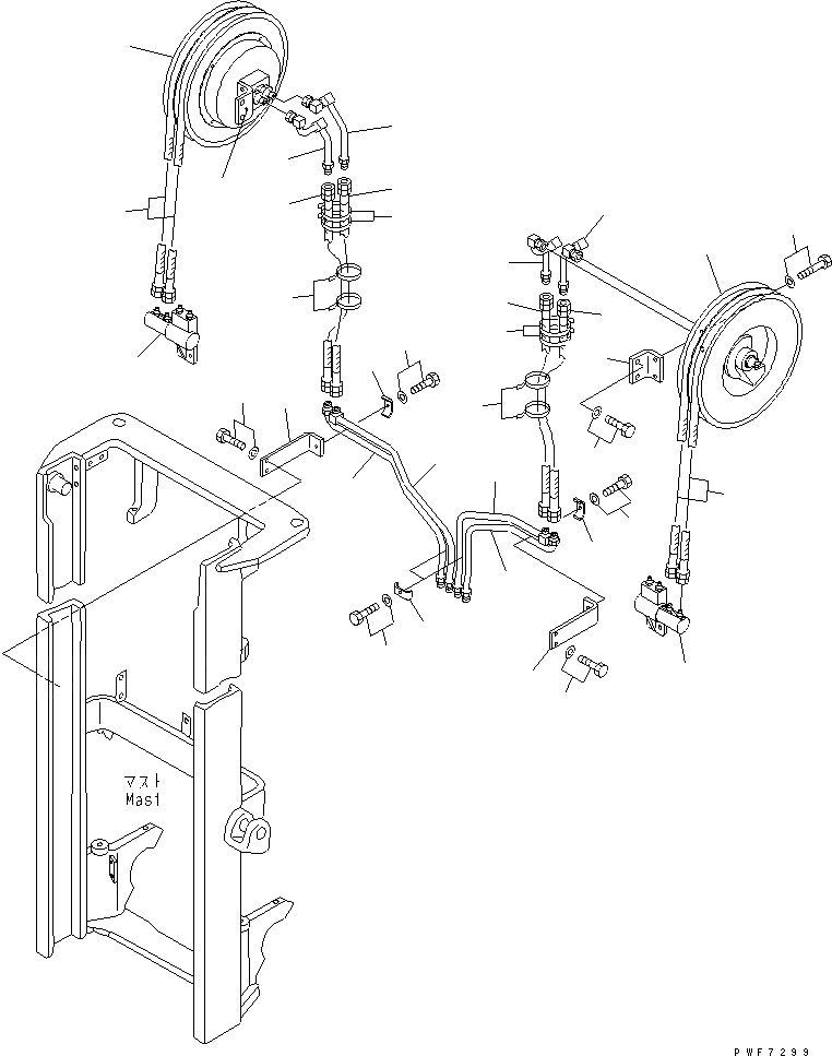Схема запчастей Komatsu FB15 - ДЛЯ 4-Х СЕКЦИОНН. УПРАВЛЯЮЩ. КЛАПАН TFV МАЧТА (РУКАВНЫЙ БАРАБАН ТИП) (ДЛЯ .M МАЧТА) РАБОЧЕЕ ОБОРУДОВАНИЕ