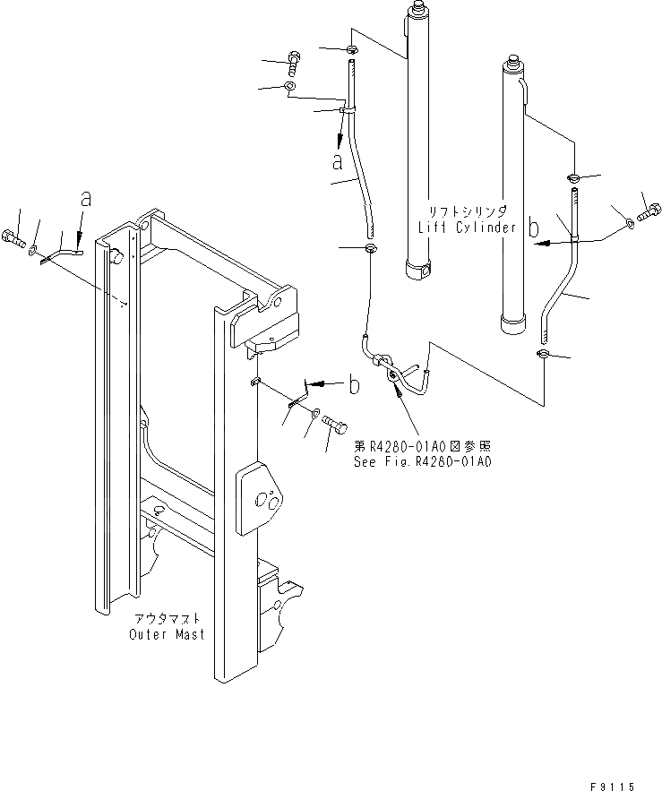 Схема запчастей Komatsu FD160E-8 - МАЧТА ТРУБЫ (ВОЗВРАТ. ЛИНИЯ) (ДЛЯ .8M - .7M) МАЧТА И СТРЕЛА