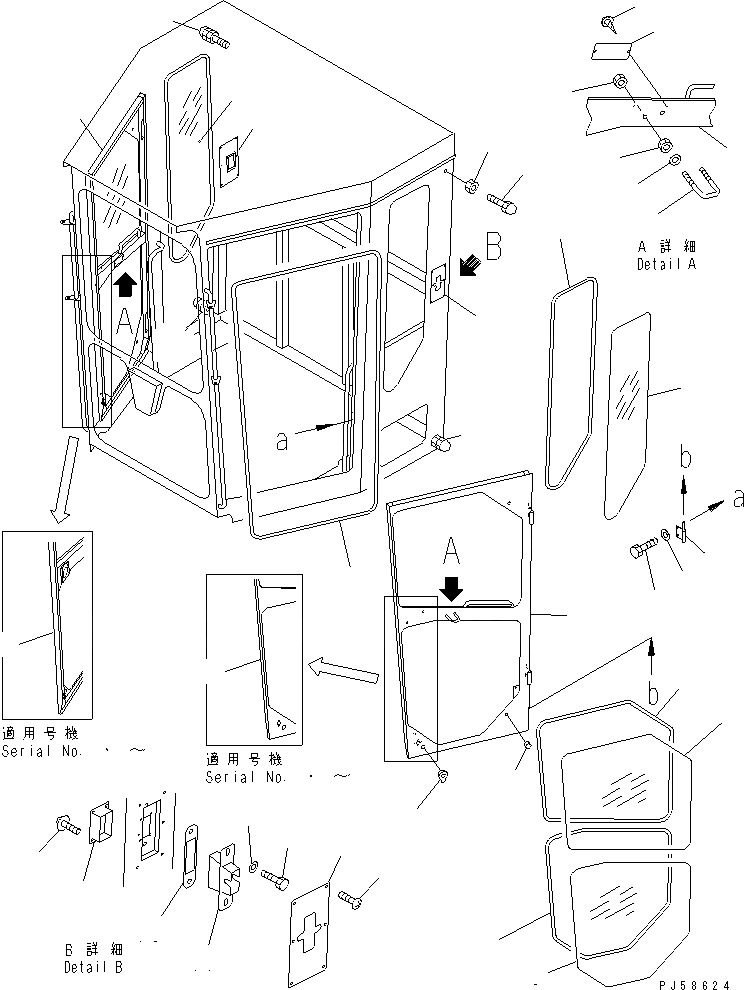 Схема запчастей Komatsu GD405A-3 - КАБИНА (HEXAGON ТИП) (ДВЕРЬ) РАМА И ЧАСТИ КОРПУСА