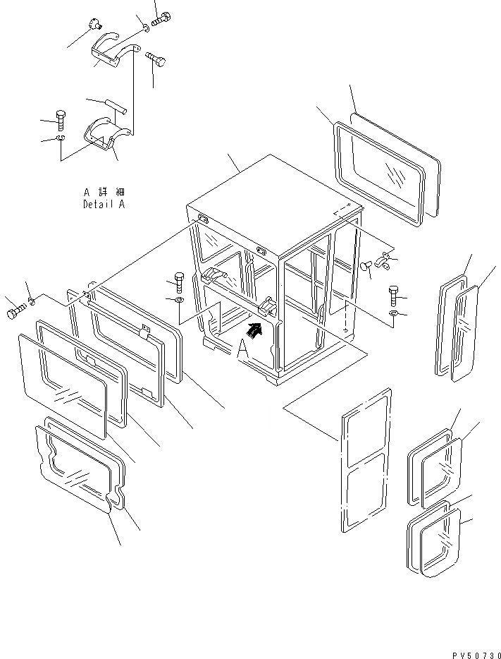 Схема запчастей Komatsu GD625A-1 - КАБИНА (B-ТИП) (/) (КУЗОВ И ОКОНН. СТЕКЛА) РАМА И ЧАСТИ КОРПУСА