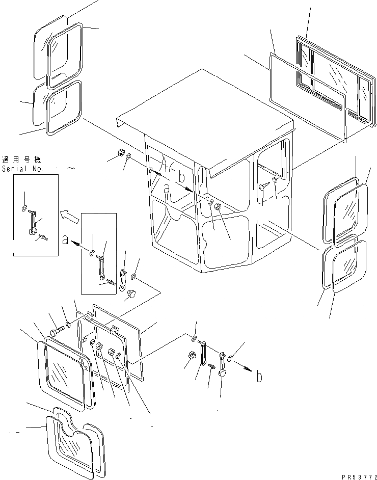 Схема запчастей Komatsu GD705A-4A - КАБИНА (/) (ОКОНН. СТЕКЛА) РАМА И ЧАСТИ КОРПУСА