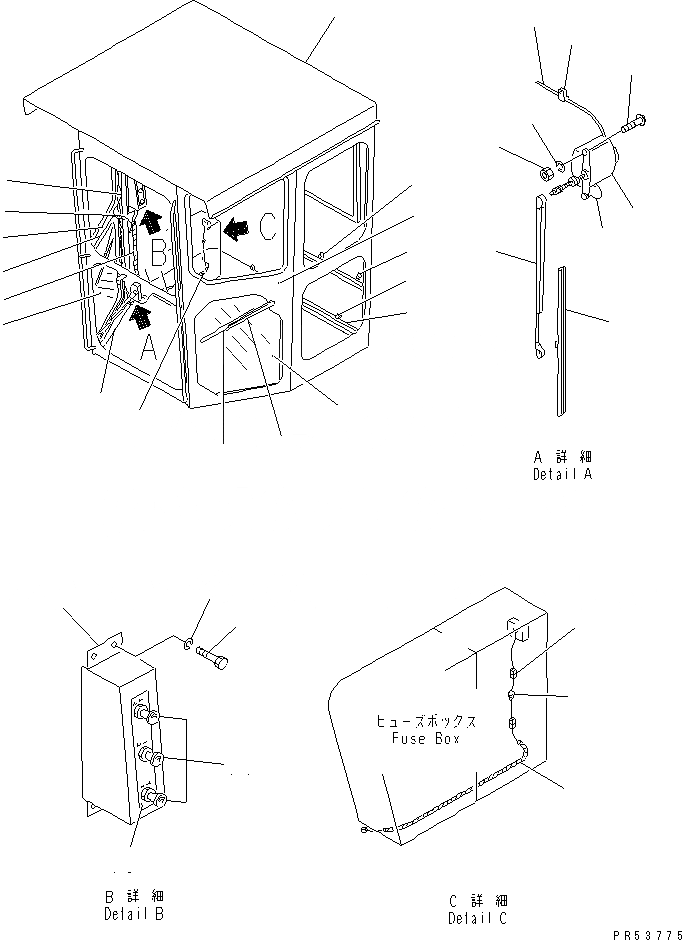 Схема запчастей Komatsu GD705A-4A - ДВОРНИКИ ДВЕРИ И ПЕРЕДН. НИЖН. ДВОРНИКИ(№.-) РАМА И ЧАСТИ КОРПУСА