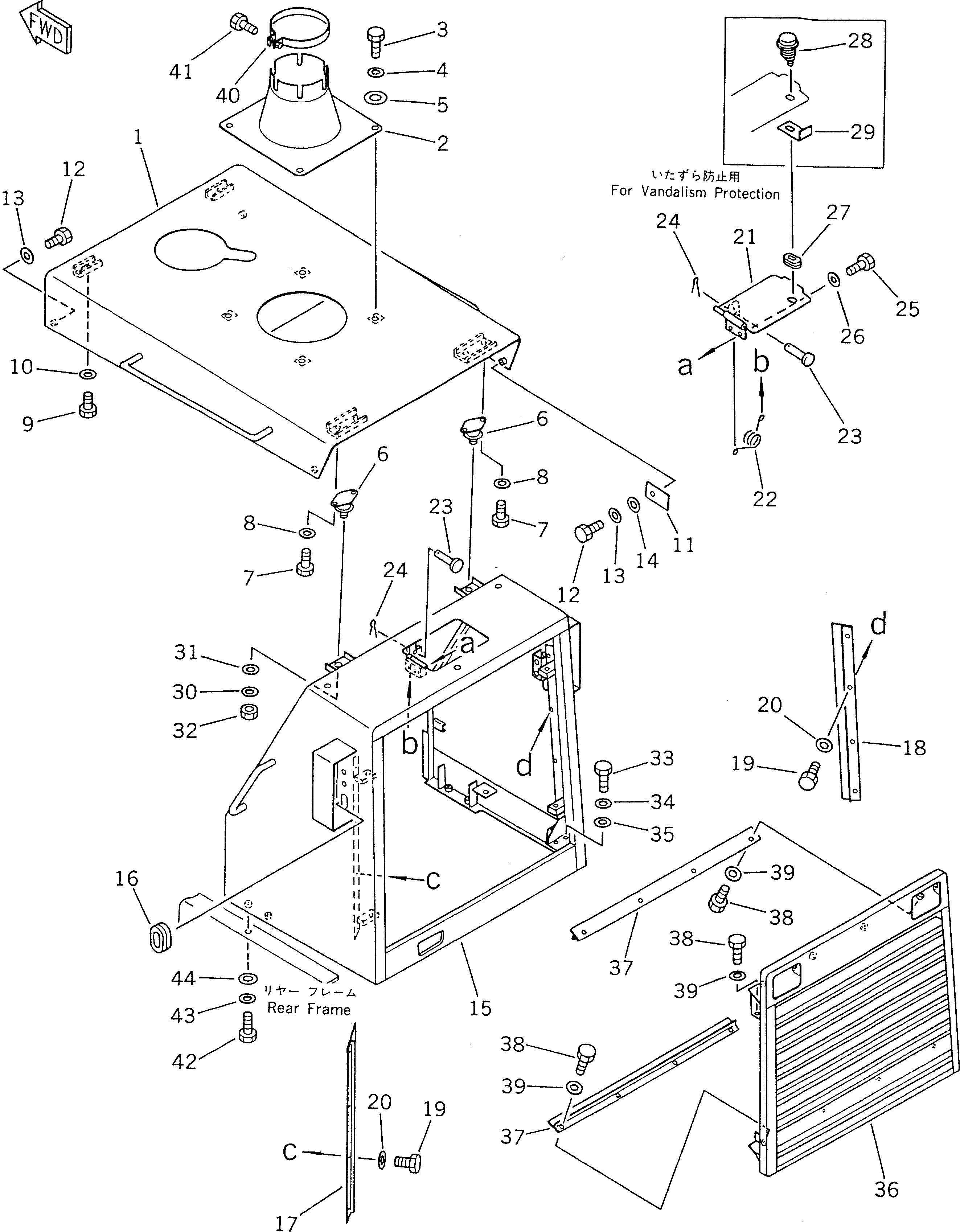 Схема запчастей Komatsu GD805A-1 - КАПОТ(№-) РАМА И ЧАСТИ КОРПУСА