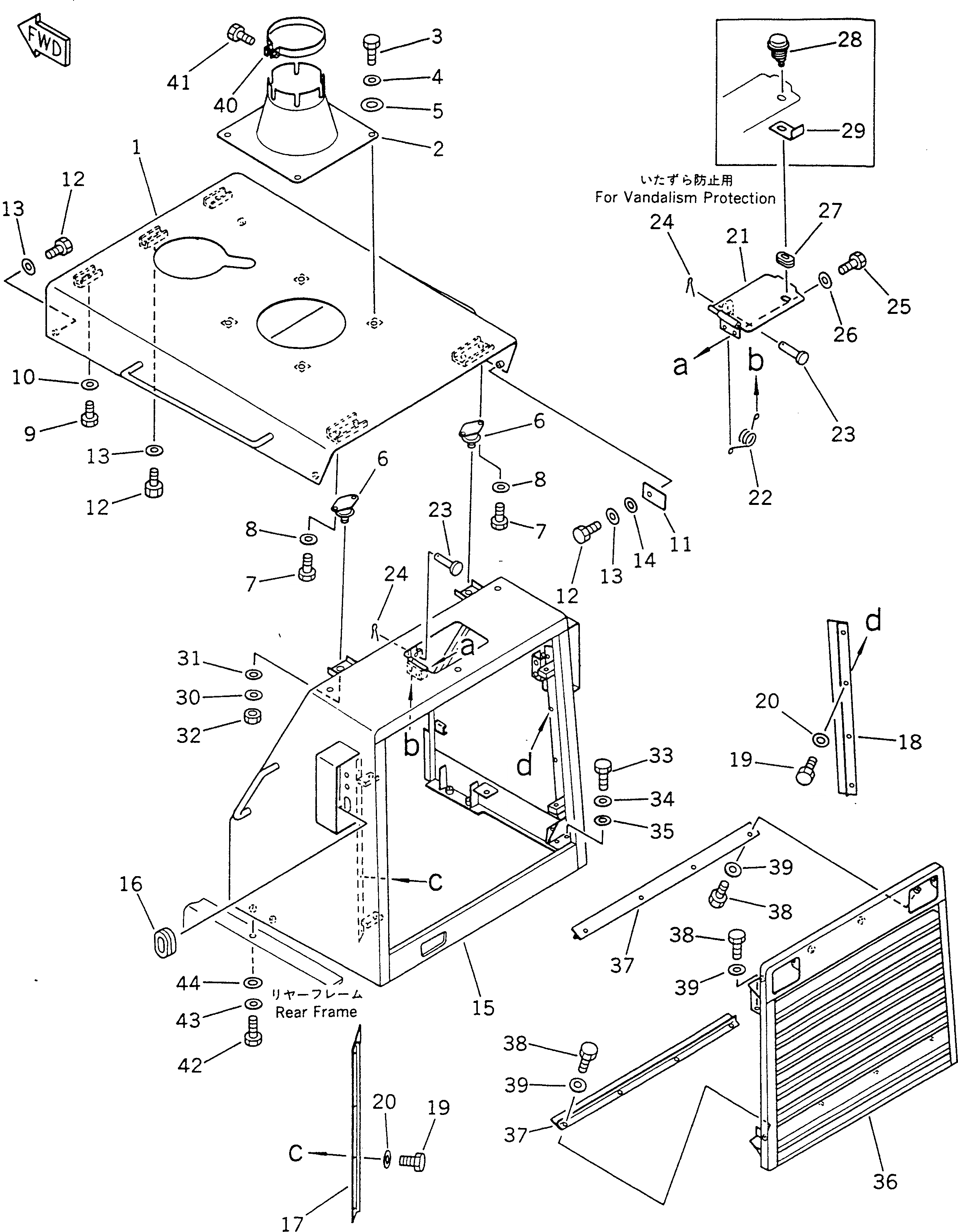 Схема запчастей Komatsu GD805A-1 - КАПОТ(№-) РАМА И ЧАСТИ КОРПУСА