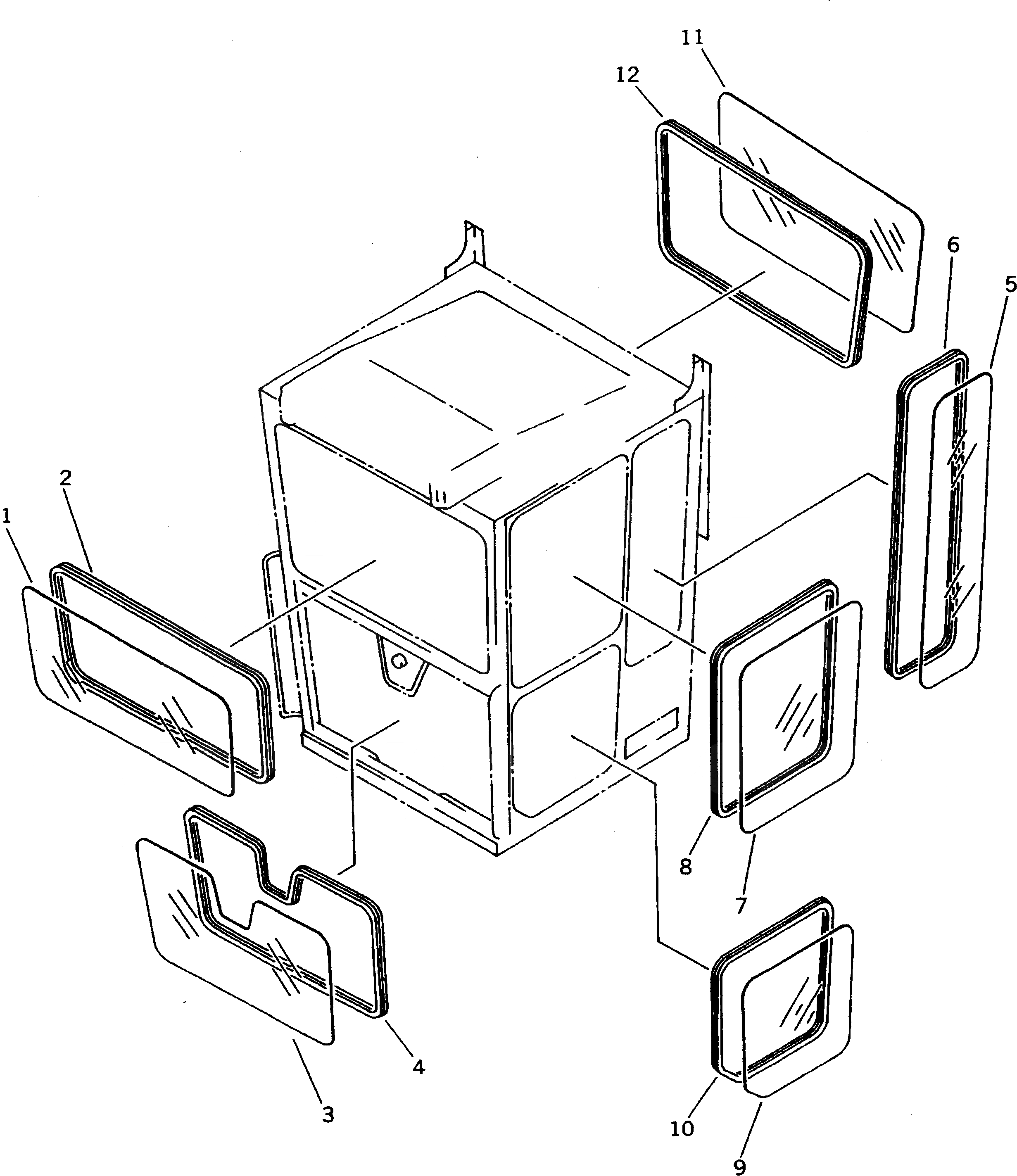 Схема запчастей Komatsu GD825A-2 - КАБИНА (/8) (СТЕКЛА)(№-8) РАМА И ЧАСТИ КОРПУСА