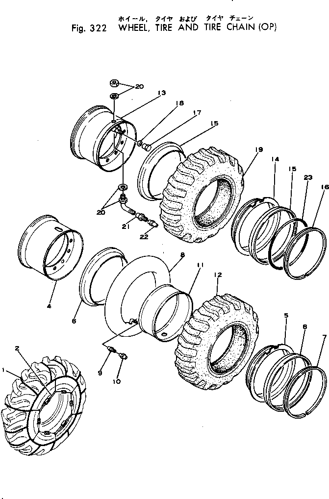 Схема запчастей Komatsu JH80C-1 - КОЛЕСА¤ ШИНЫ И ЦЕПИ Д/ШИН (OP) ПРИВОДВАЛ¤ ДИФФЕРЕНЦ. И КОЛЕСА