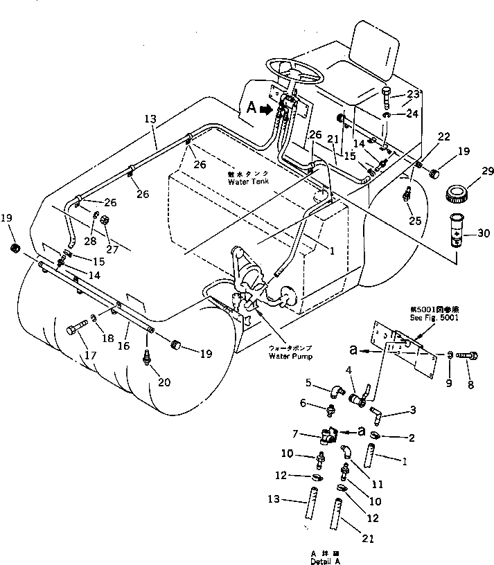 Схема запчастей Komatsu JW30-1 - РАЗБРЫЗГИВАНИЕ ВОДЫ ТРУБЫ (/) СИСТЕМА РАЗБРЫЗГИВАНИЯ ВОДЫ И ГИДРОЛИНИЯ