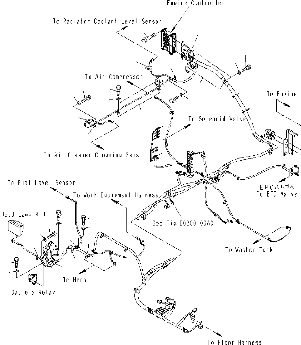 Схема запчастей Komatsu PC400-7 - ЭЛЕКТРОПРОВОДКА (ОСНОВН. Э/ПРОВОДКА) ( КРЕПЛЕНИЕ) (/) E ЭЛЕКТРИКА