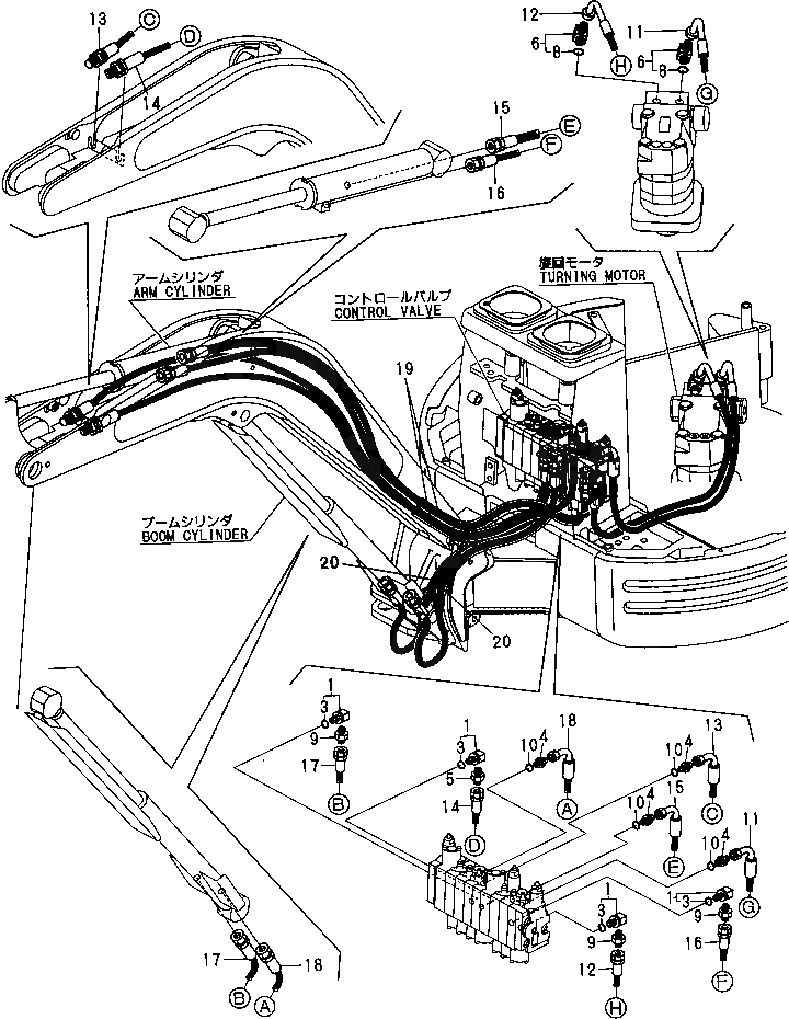 Схема запчастей Komatsu PC09FR-1 - ГИДРОЛИНИЯ (КЛАПАН - TURNING МОТОР¤СТРЕЛА) УПРАВЛ-Е РАБОЧИМ ОБОРУДОВАНИЕМ