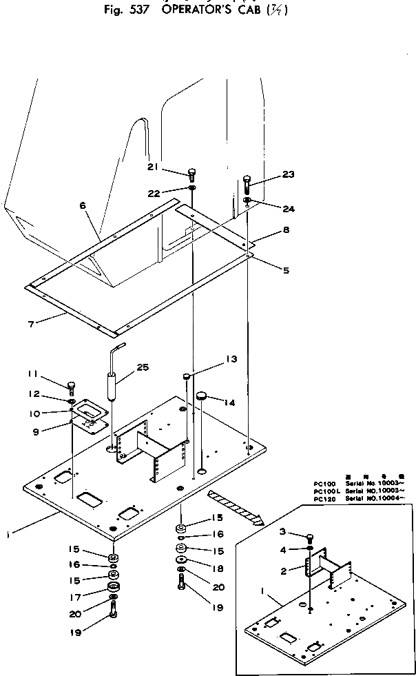 Схема запчастей Komatsu PC100-1 - КАБИНА (7/7) ОСНОВНАЯ РАМА И КАБИНА