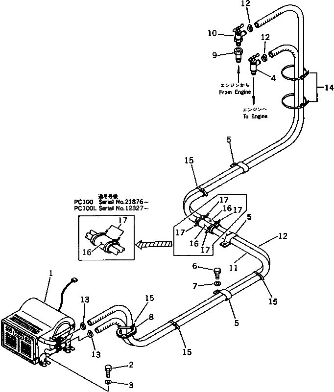 Схема запчастей Komatsu PC100-3 - ОБОГРЕВАТЕЛЬ. (ДЛЯ УДЛИНН. РЫЧАГ УПРАВЛ-Е) ОСНОВНАЯ РАМА И КАБИНА