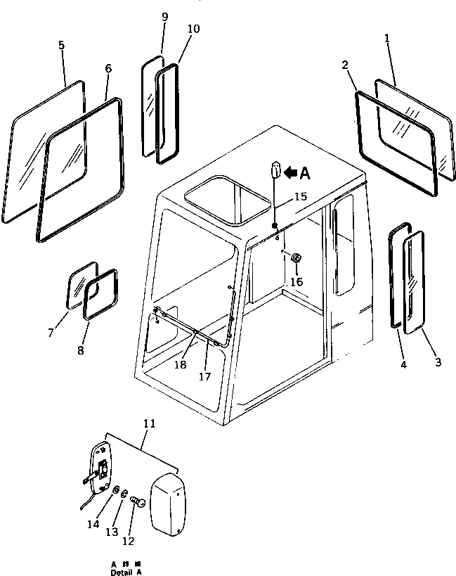 Схема запчастей Komatsu PC1000SE-1 - НИЖН. КРЕПЛЕНИЕ КАБИНА (ПРАВ. И ЗАДН. ОКНА ЖЕСТК.) (/)(№-7) ЧАСТИ КОРПУСА