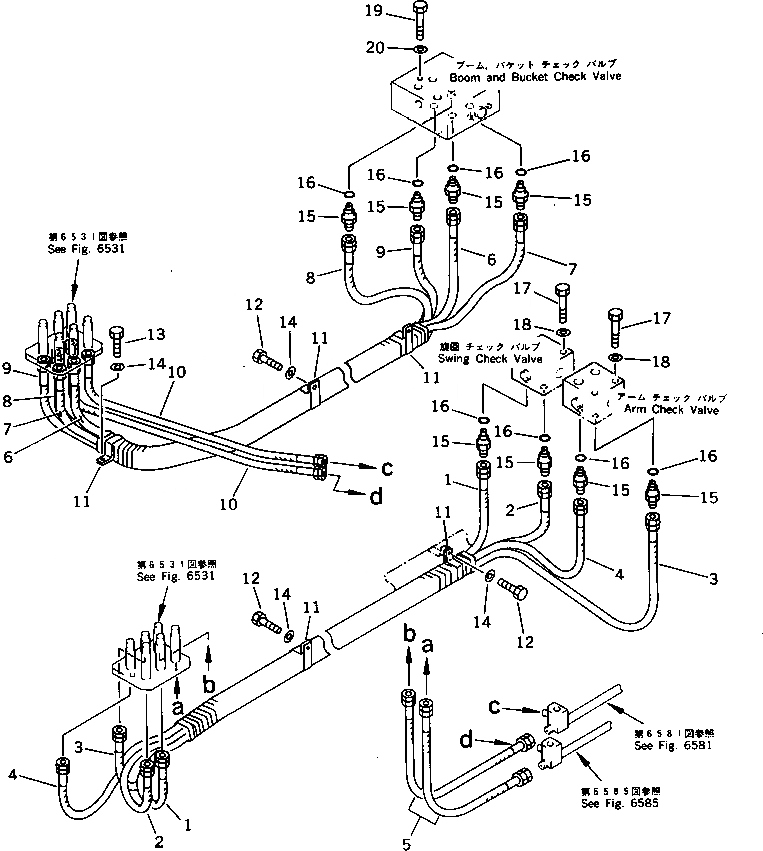 Схема запчастей Komatsu PC1000SE-1 - КОРПУС TO/FROM КОНТРОЛЬНЫЙ КЛАПАНТРУБЫ (ДЛЯ ЭКСКАВАТ.)(KOMATSU PATTERN)(ДЛЯ ЯПОН.)(№-) УПРАВЛ-Е РАБОЧИМ ОБОРУДОВАНИЕМ